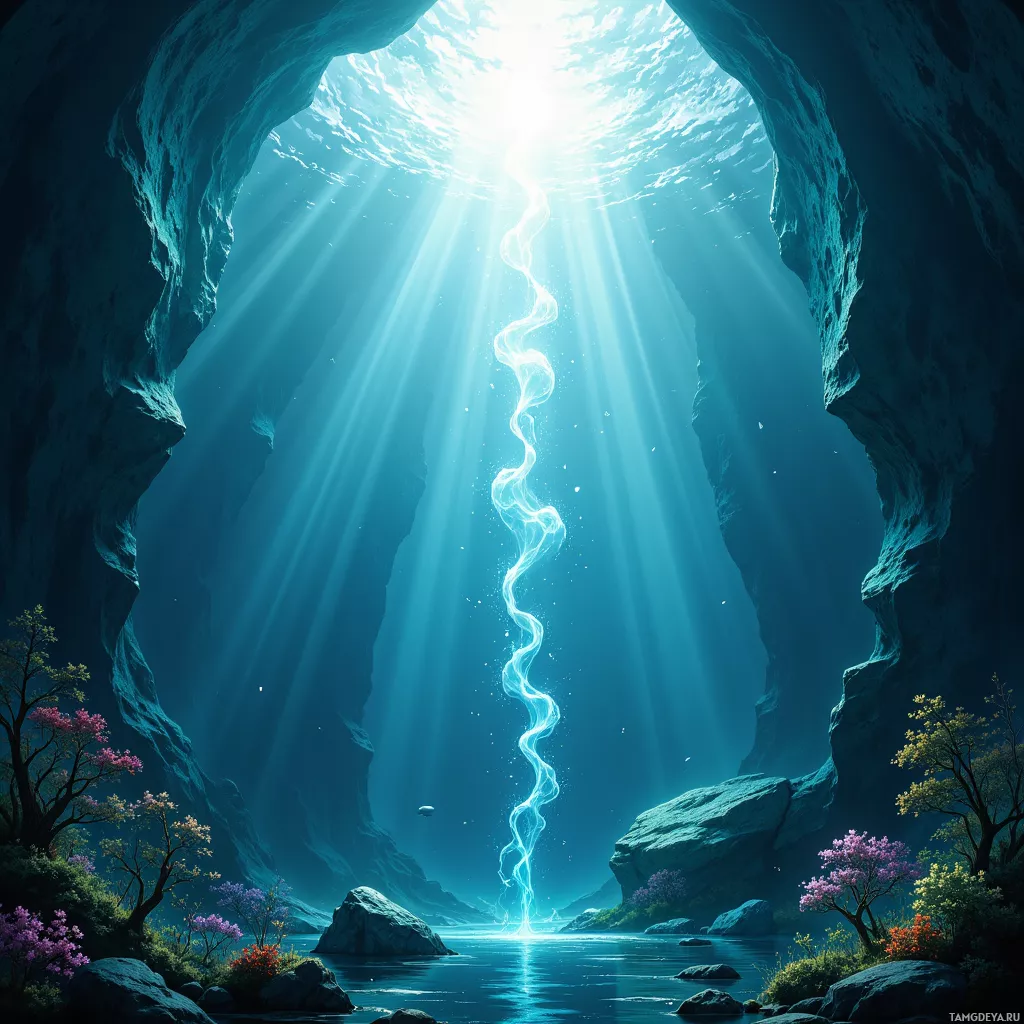 A serene underwater cave with sunlight streaming through, illuminating the scene with a glowing blue light.