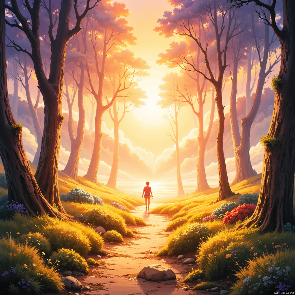 A person walks along a path through a forest at sunset.