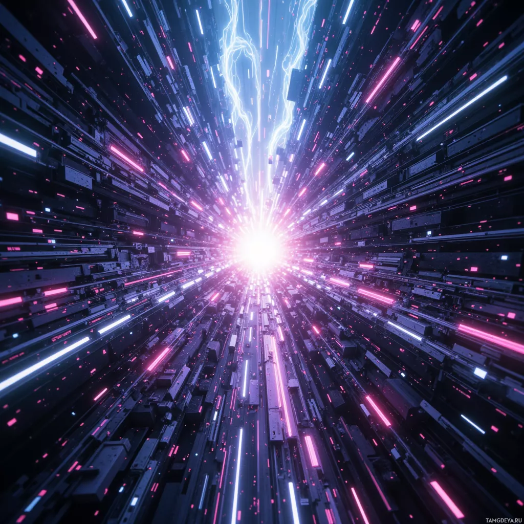 A futuristic, neon-lit tunnel with glowing lines and structures converging towards a bright light at the center.