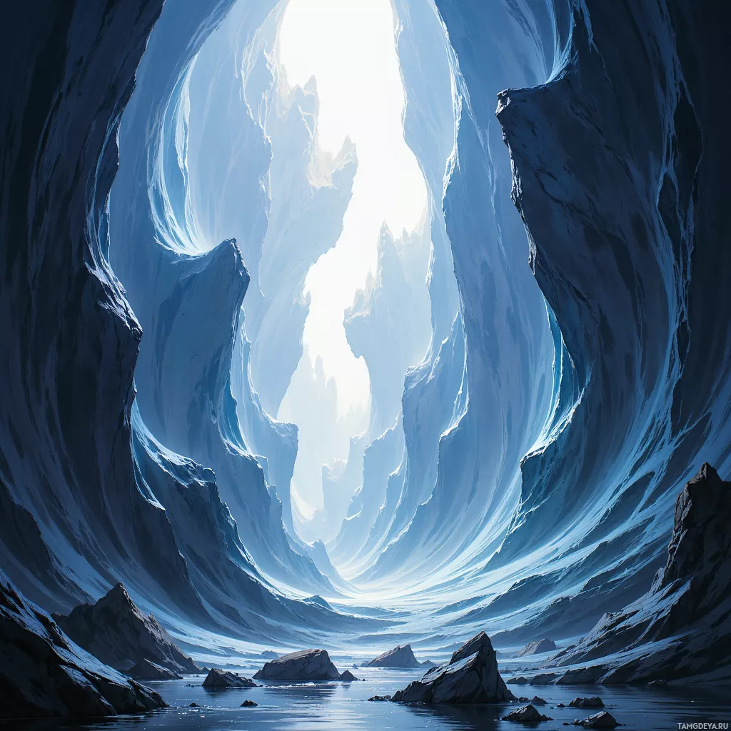A serene, icy landscape with towering, sculpted ice formations and a bright light source at the horizon.