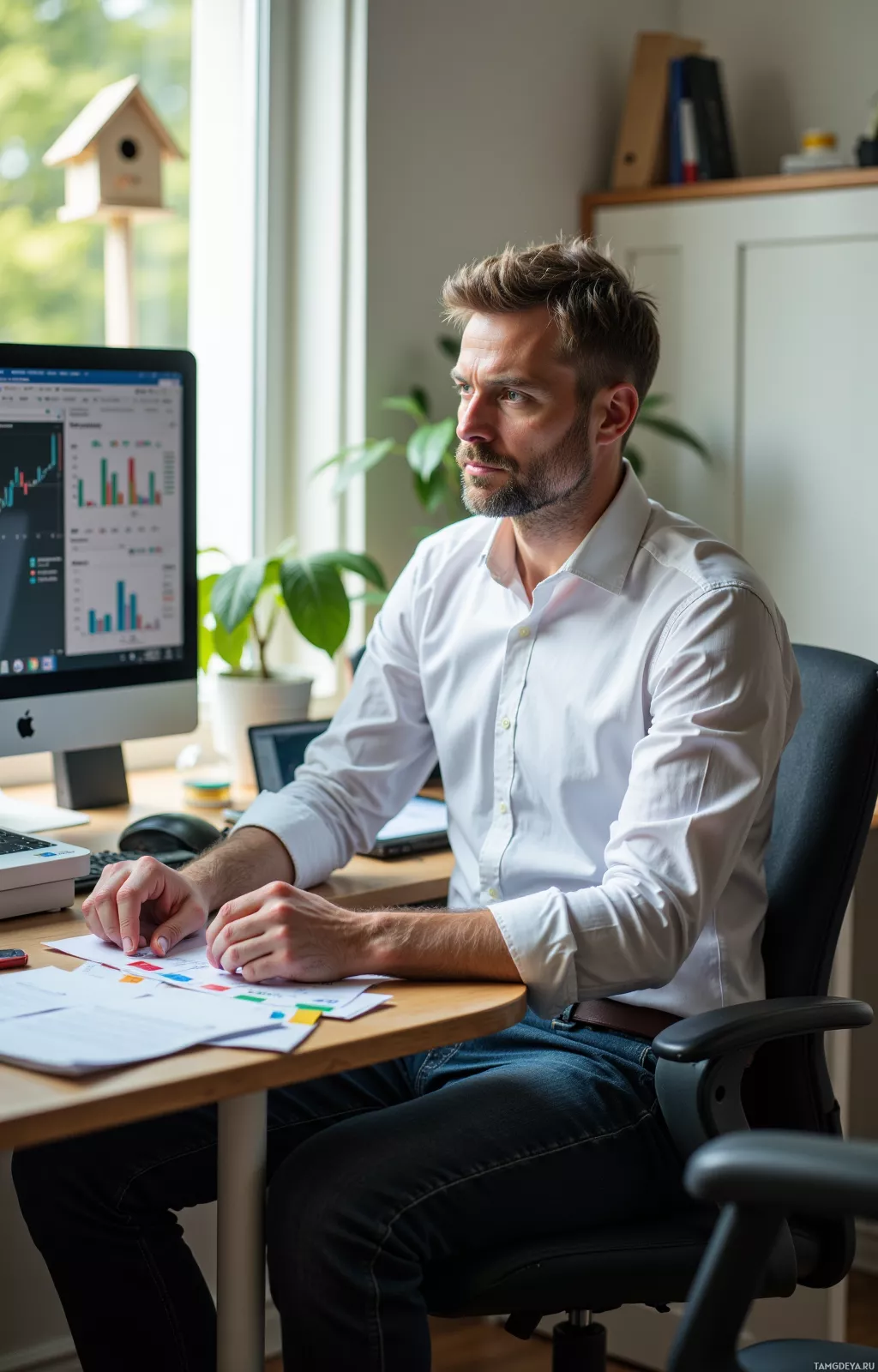 A man in a white shirt sits at a desk with a computer, looking at a document.