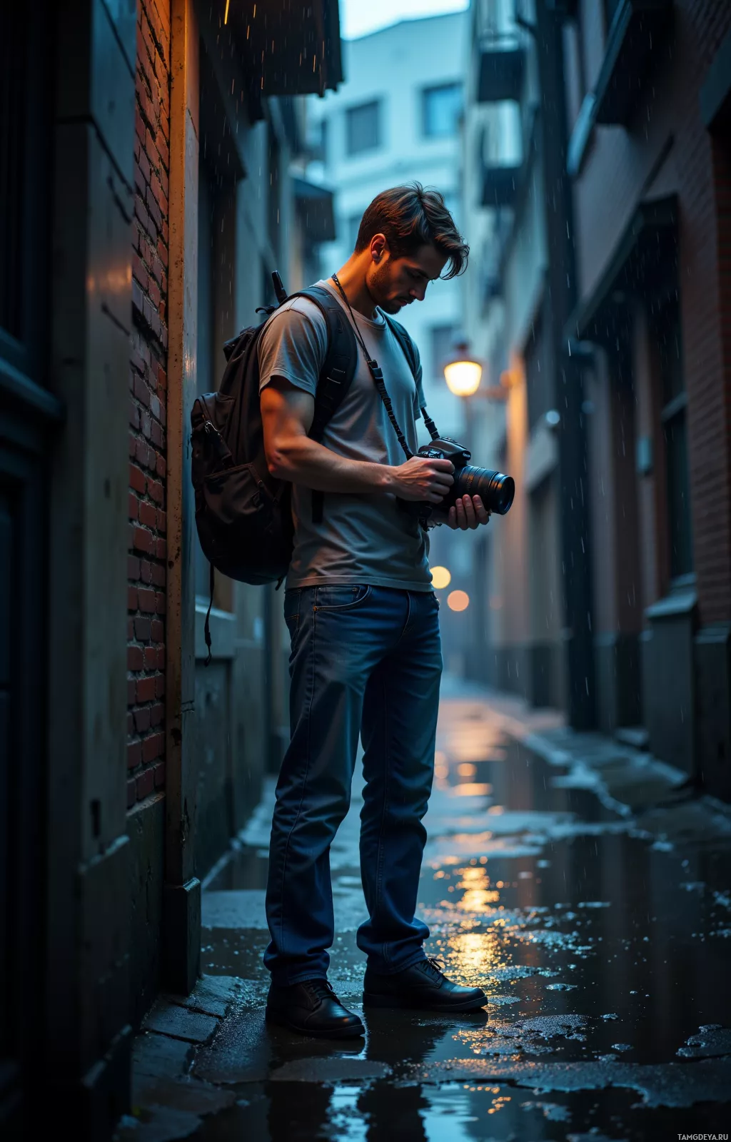 A man stands in a rainy alleyway, holding a camera and wearing a backpack.
