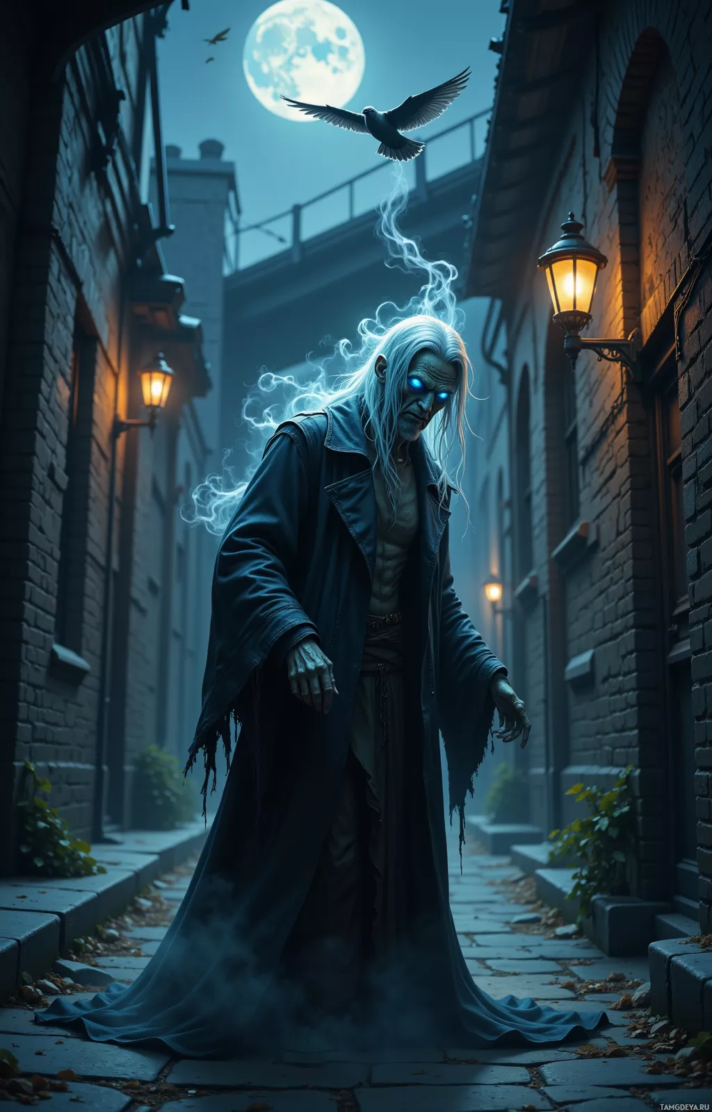 A ghostly figure with glowing blue eyes and white hair stands in a dimly lit alleyway under a full moon.