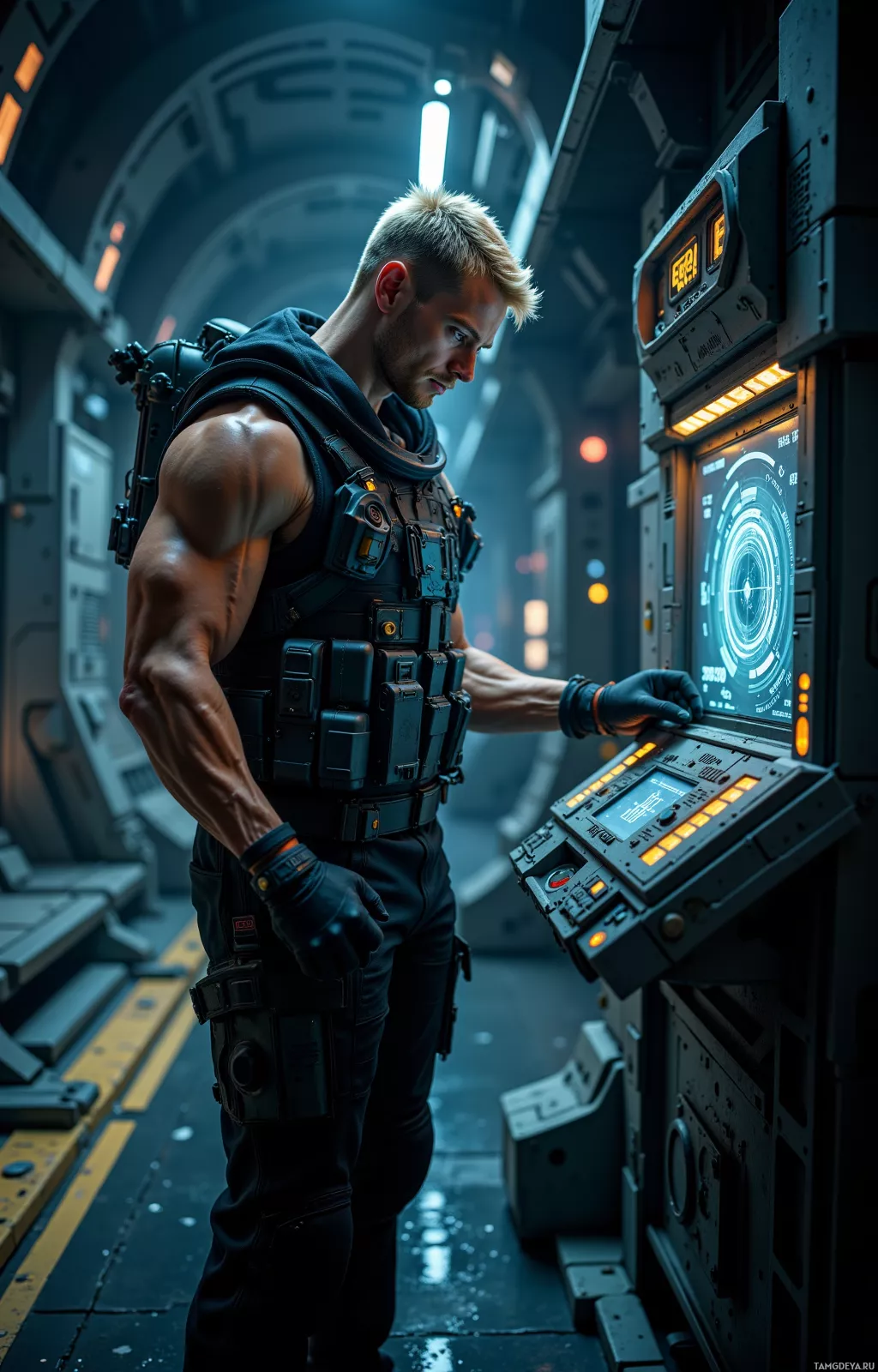 A muscular individual in a futuristic outfit interacts with a high-tech control panel in a dimly lit, sci-fi environment.