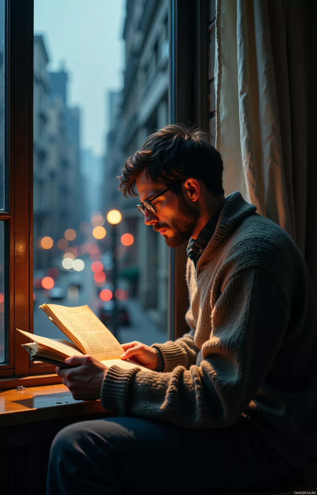 A man sits by a window, reading a book with a cityscape visible outside.
