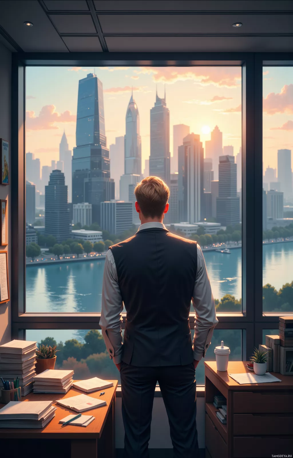 A man in a suit stands in an office, gazing out at a cityscape with a river and sunset.