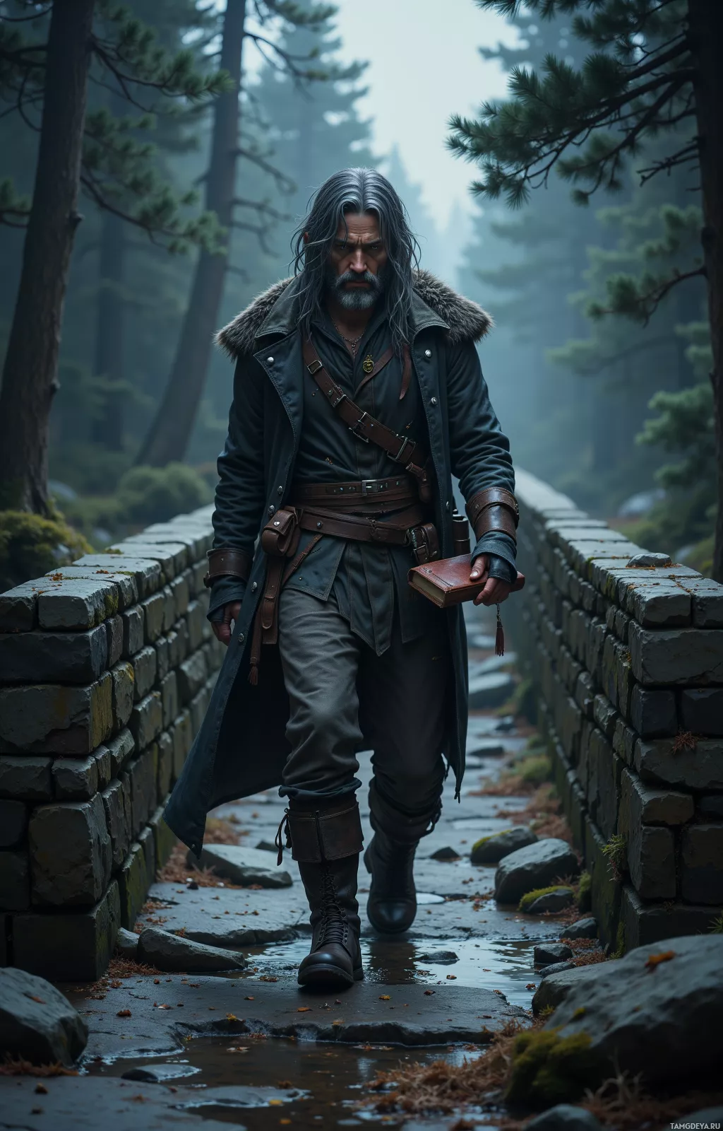 A man in a dark coat and leather gear walks along a stone bridge in a misty forest.