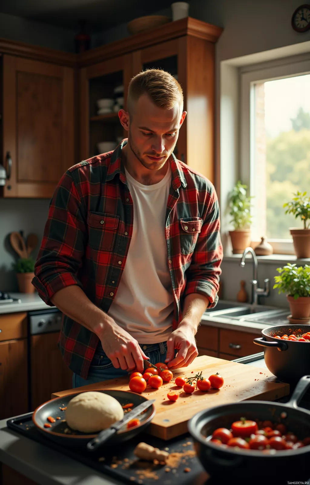 A man in a plaid shirt is chopping tomatoes in a kitchen.