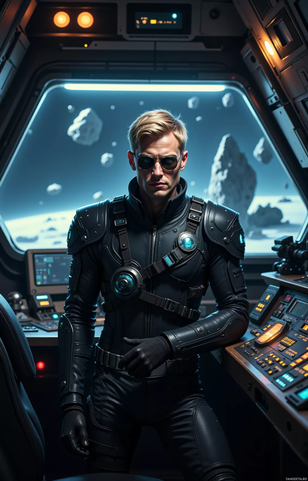 A person in a futuristic black suit stands inside a spacecraft, with a view of space and asteroids through the window.