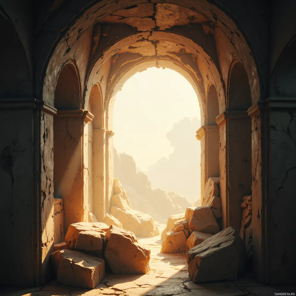 A sunlit archway with rocky debris in the foreground leads to a bright, open sky.