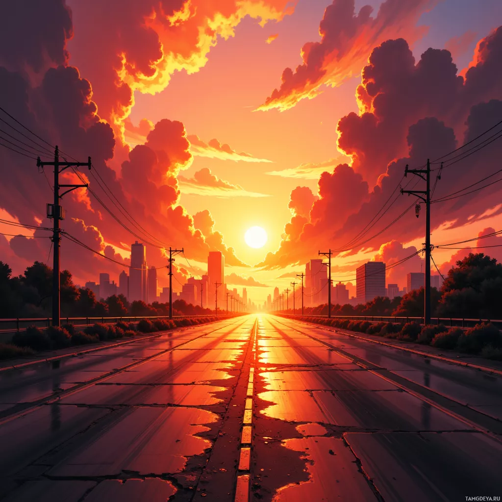 A vibrant sunset illuminates a road leading towards a city skyline.