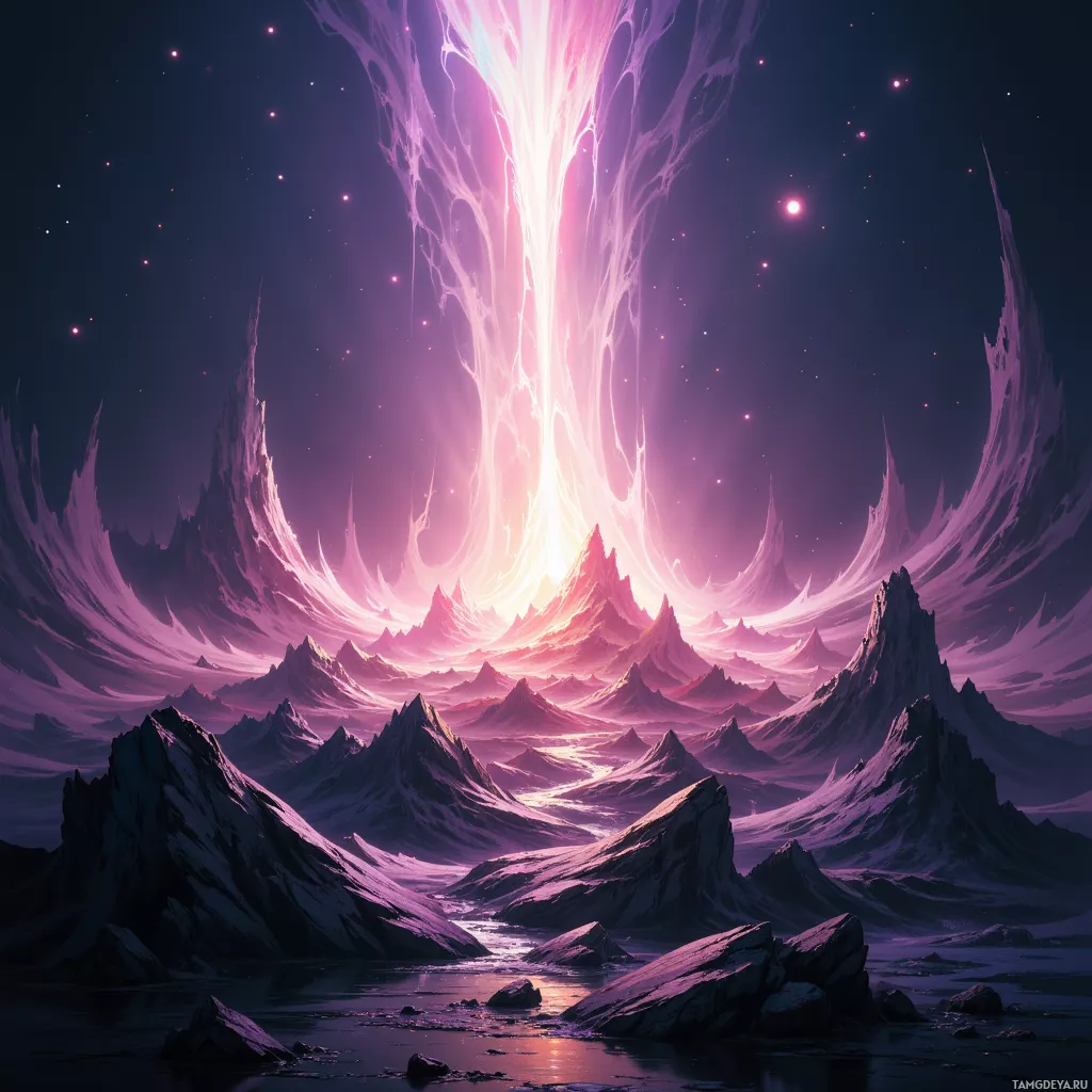A fantastical landscape featuring jagged, ethereal mountains under a starry sky with a radiant light source.