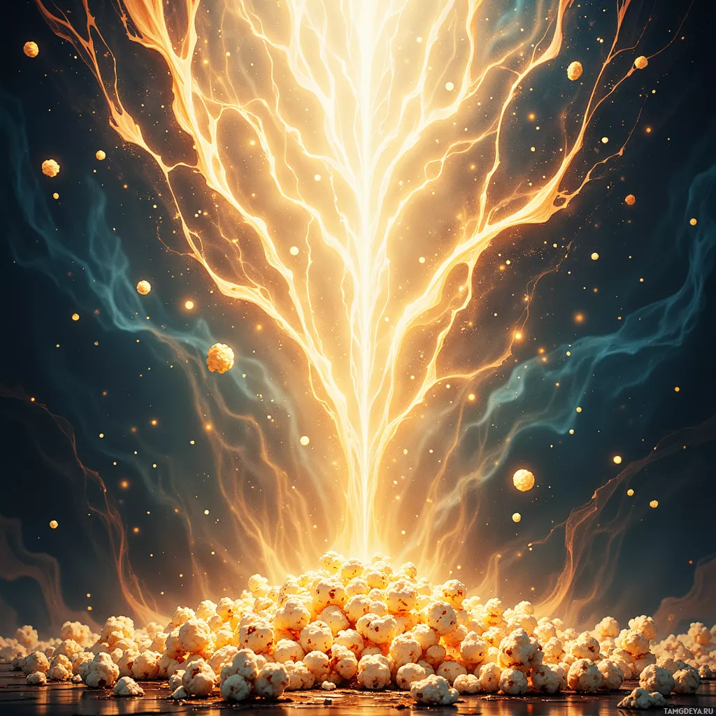 A vibrant explosion of light and energy with glowing particles and a burst of golden spheres.