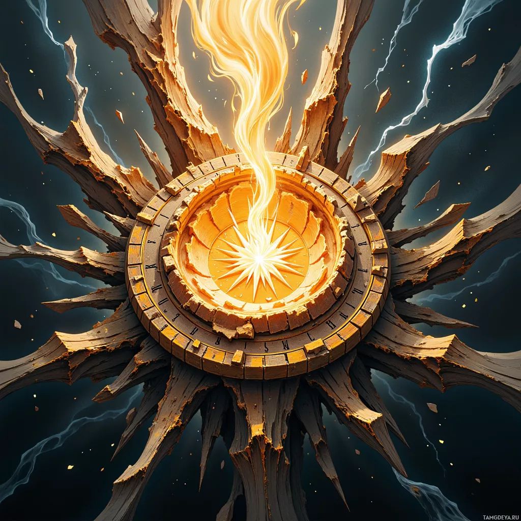 A fiery, cracked circular structure with radiating flames and lightning against a dark background.