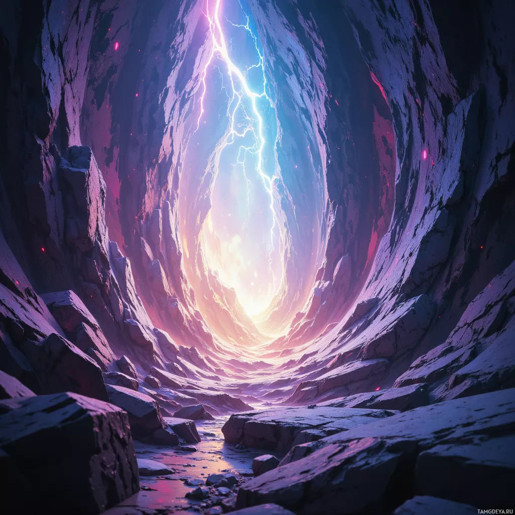 A glowing, ethereal tunnel with jagged rock walls and a bright light at the end.