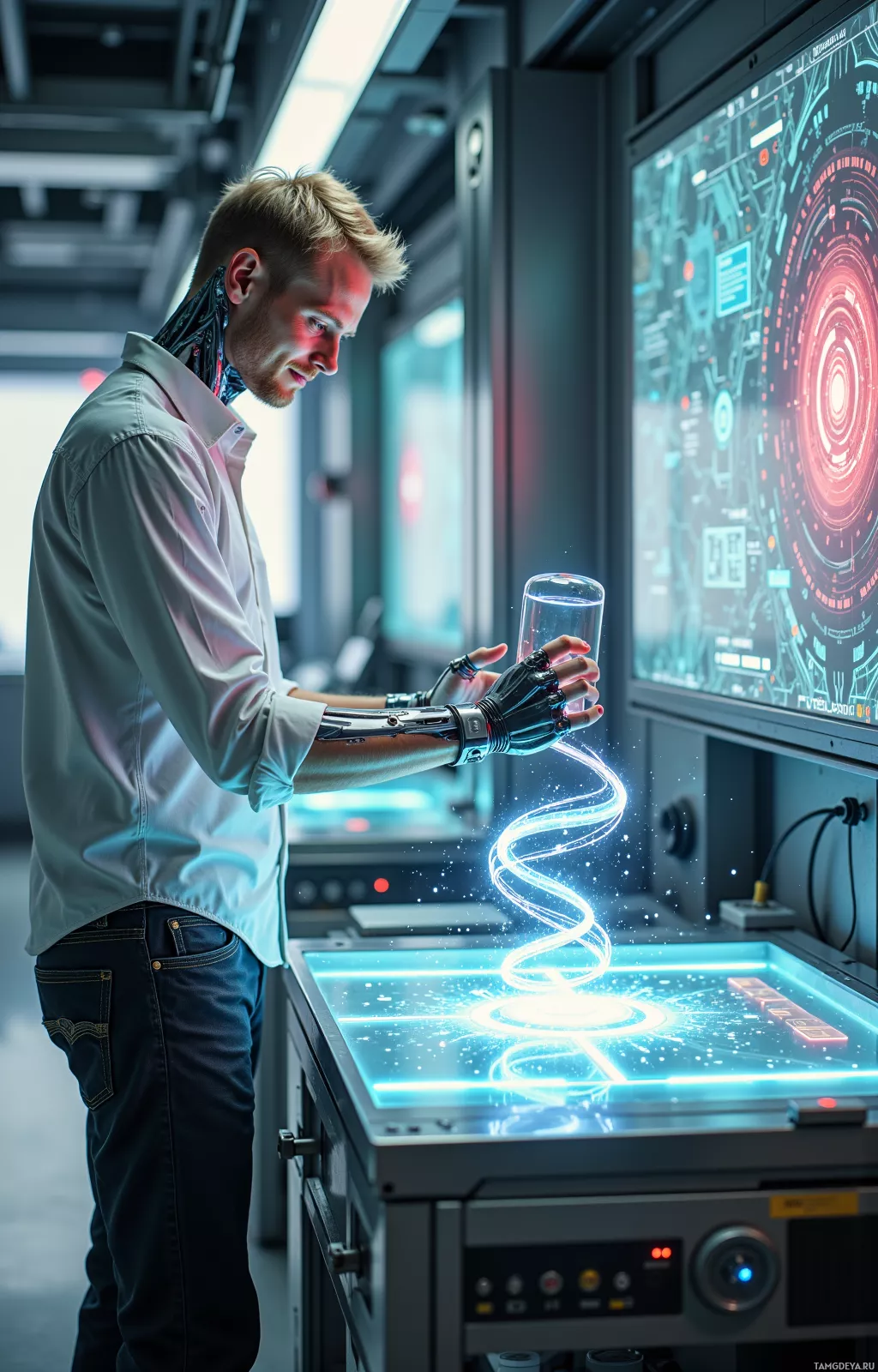 A man with a robotic arm interacts with a futuristic interface displaying holographic data.