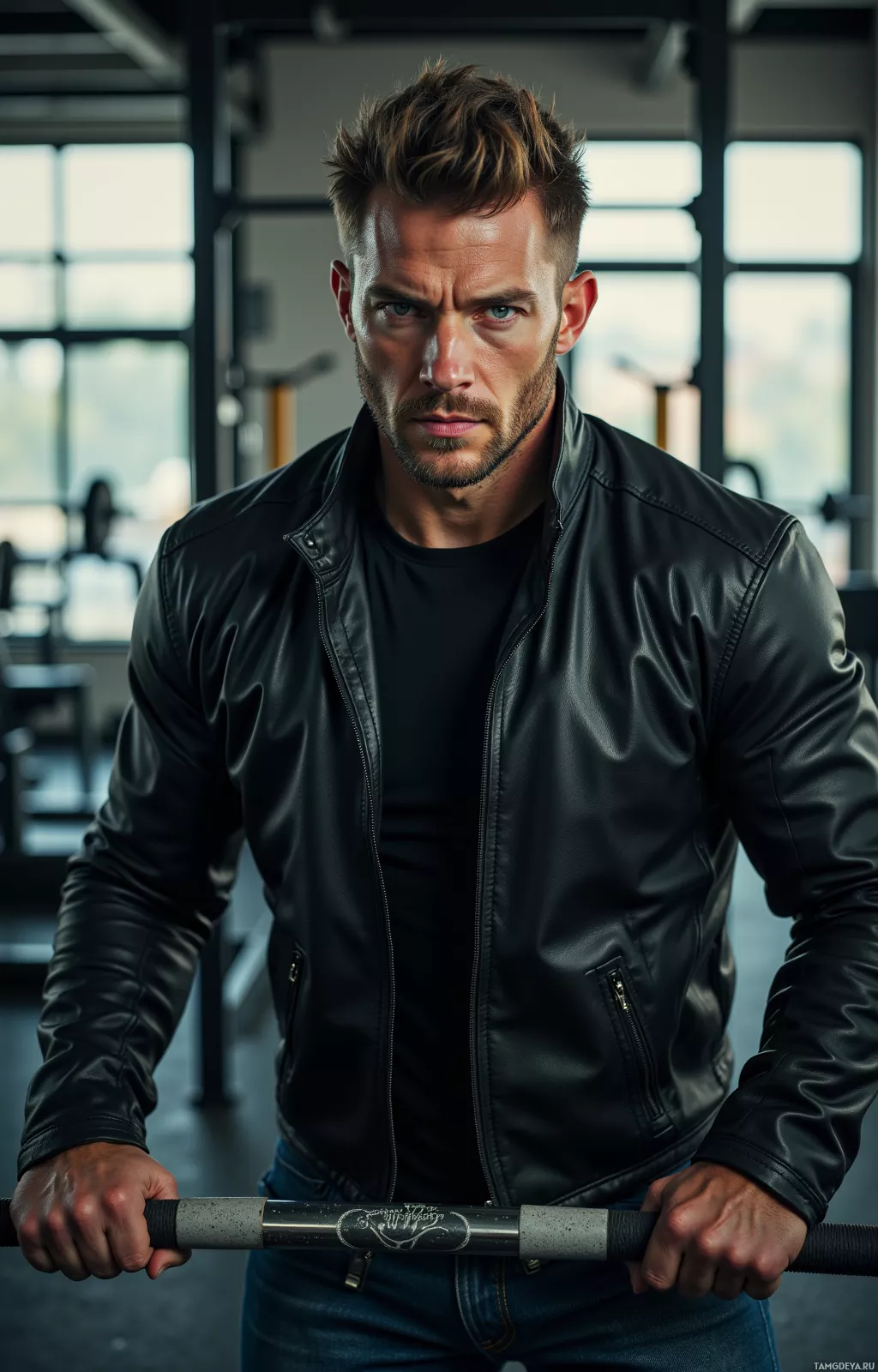 A man in a leather jacket holds a barbell in a gym setting.