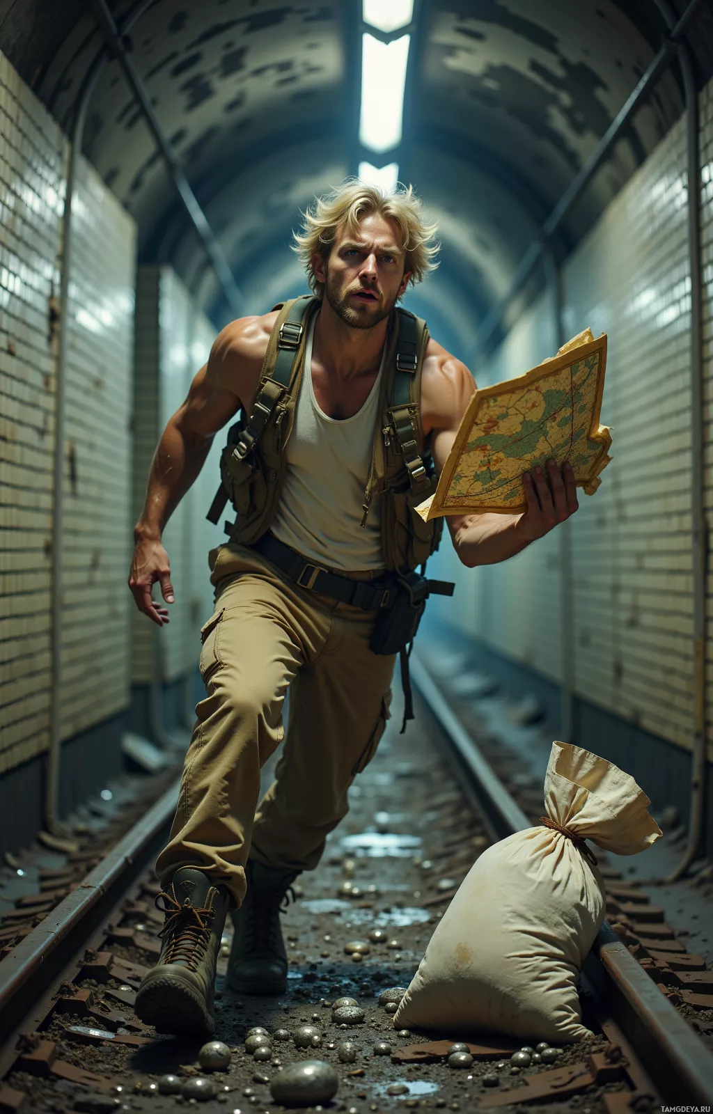 A muscular man in a white tank top and cargo pants holds a map while walking on a railway track in a dimly lit tunnel.