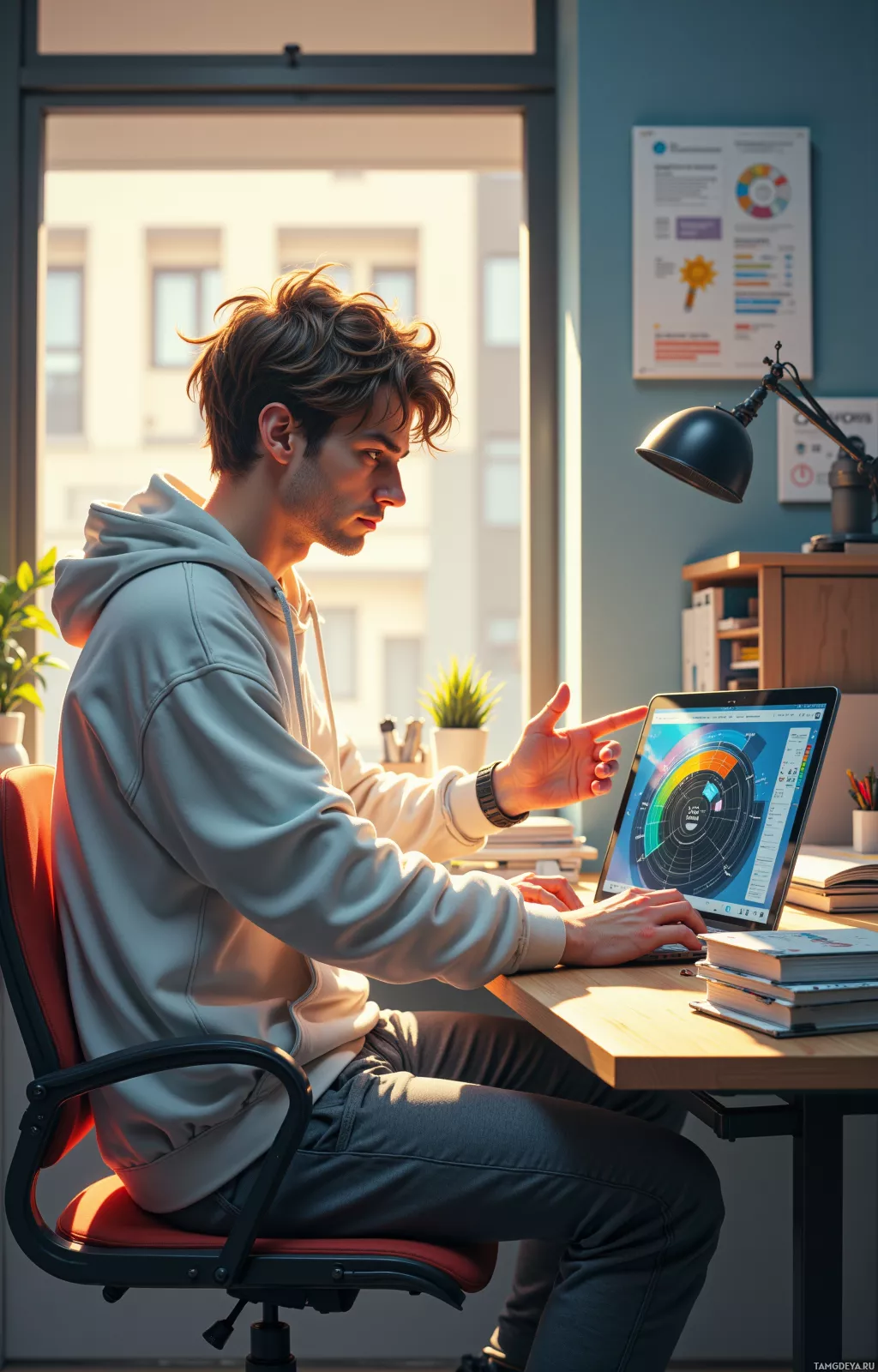 A person is sitting at a desk, working on a laptop with a colorful graph displayed on the screen.