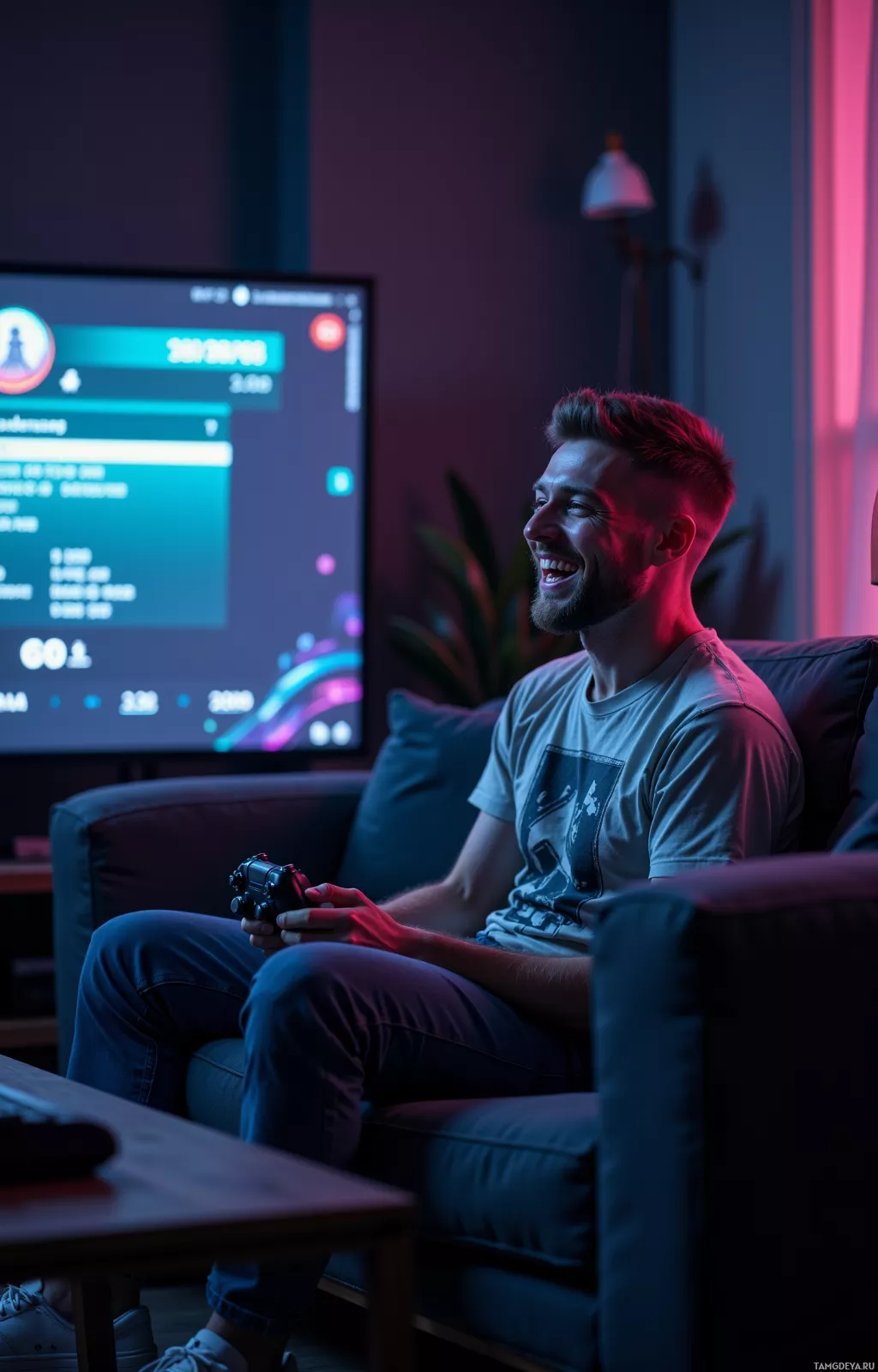 A person is sitting on a couch playing a video game on a TV.