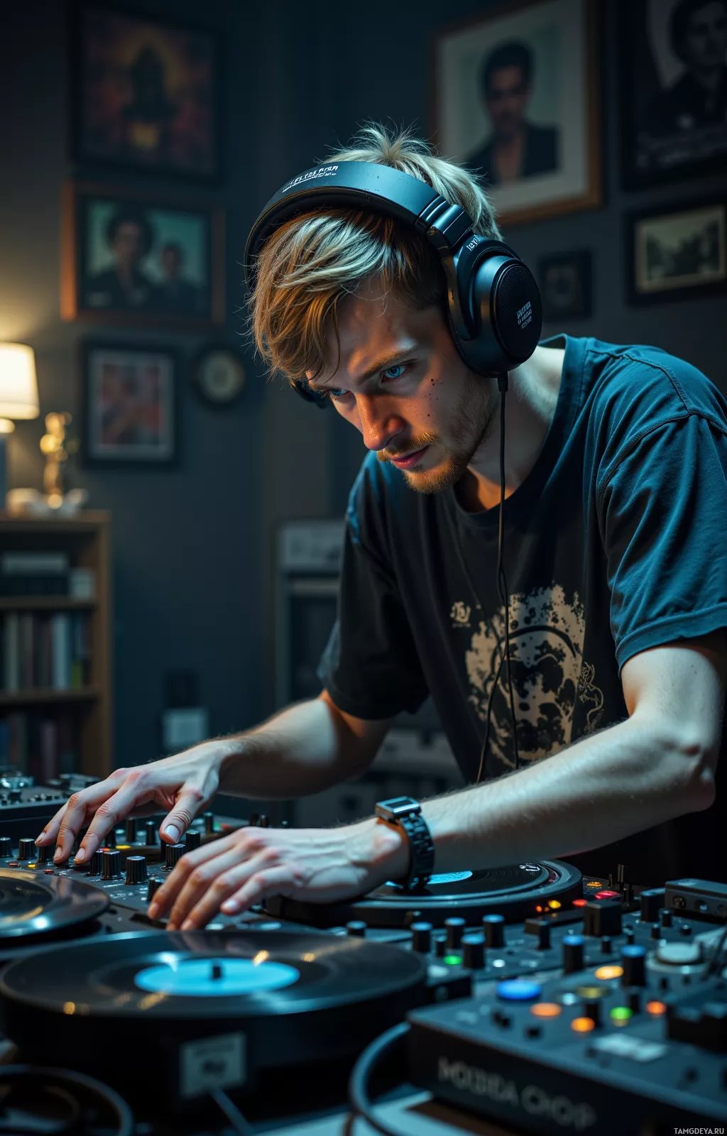 A person wearing headphones is operating a DJ setup in a dimly lit room.