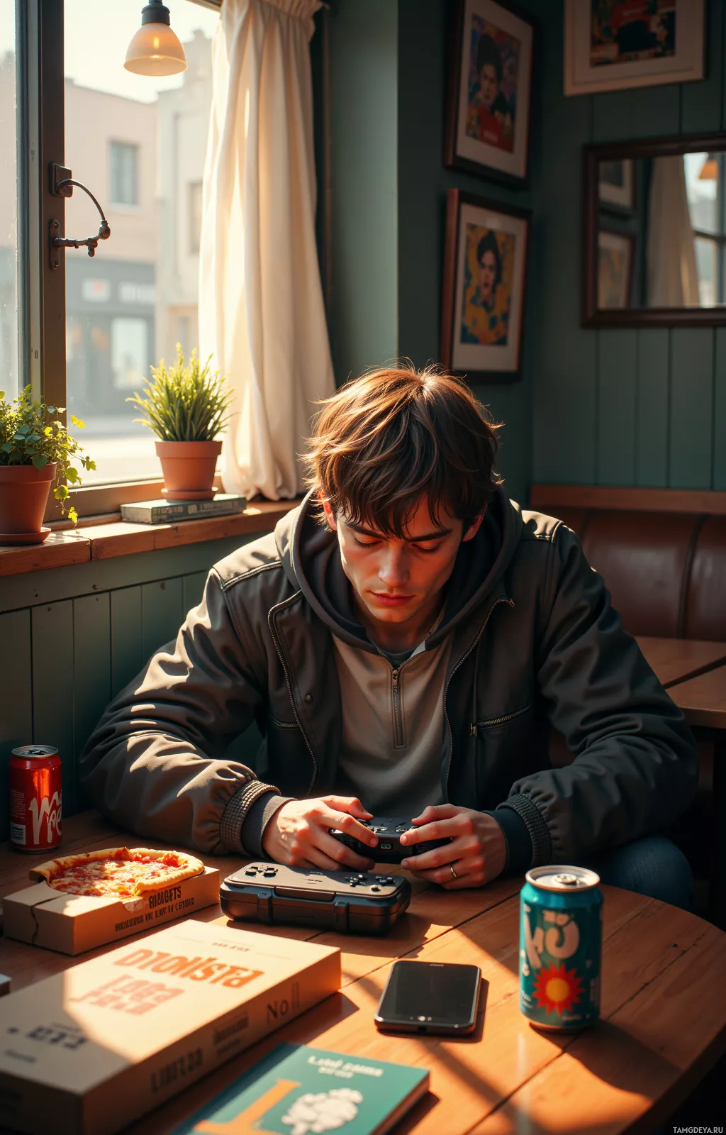 A person is sitting at a table in a cozy café, playing a handheld game console.