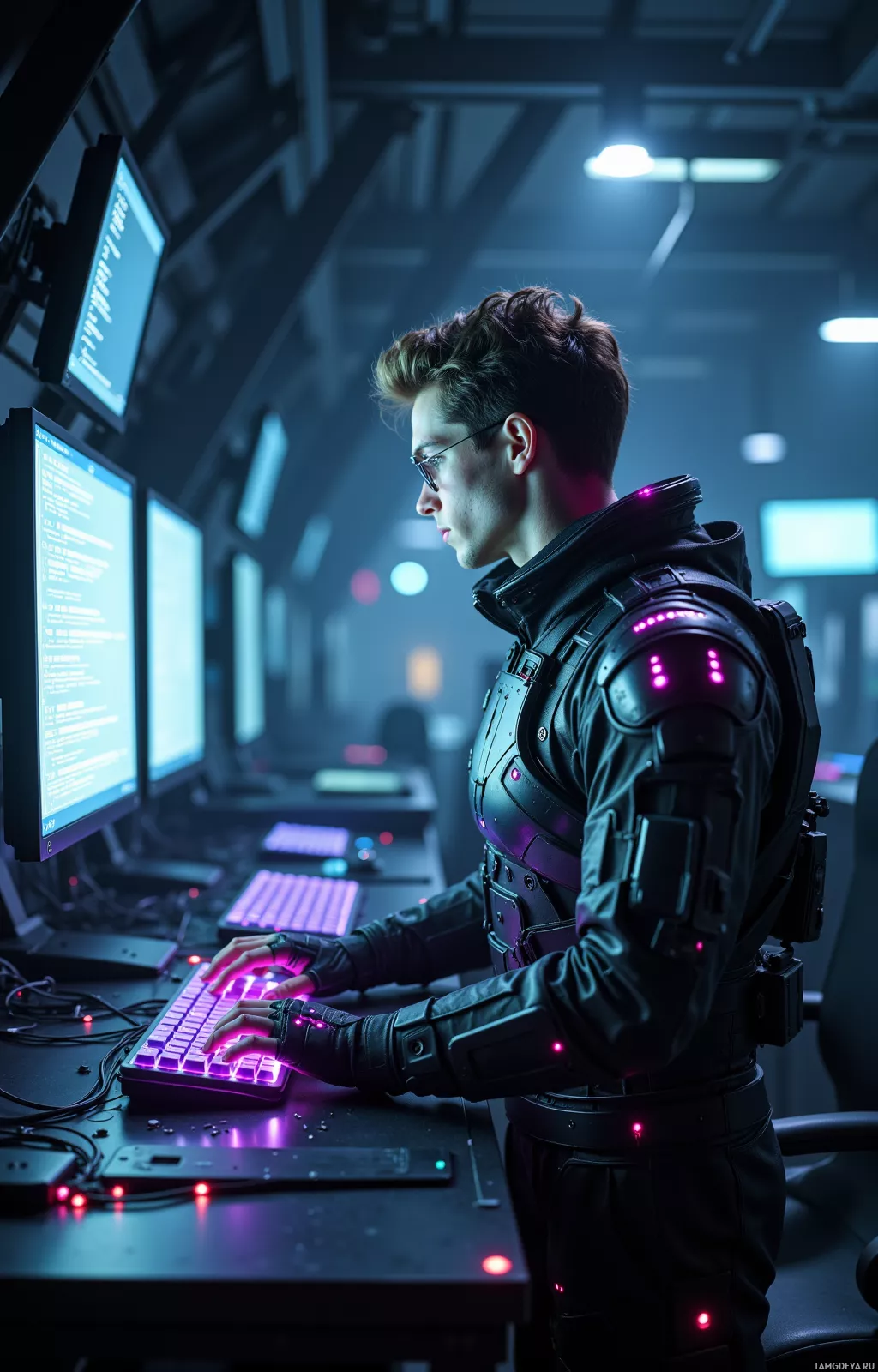 A person in futuristic attire works at a computer in a dimly lit, high-tech environment.