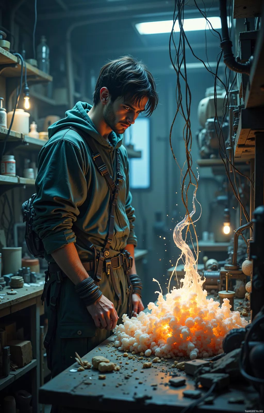 A man in a workshop stands beside a glowing, fiery substance on a table.