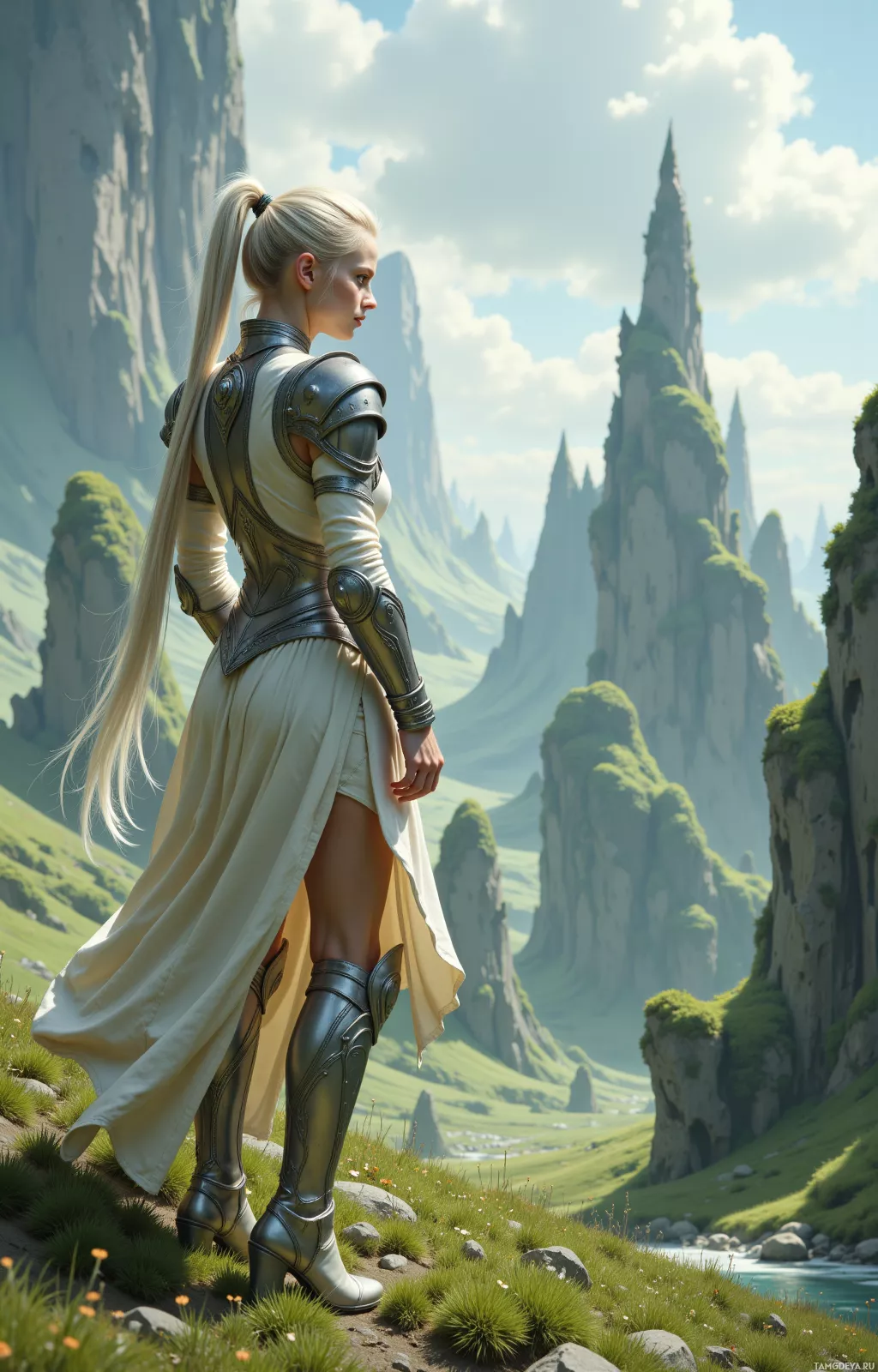 A woman in armor stands on a grassy hillside, gazing at a mountainous landscape.