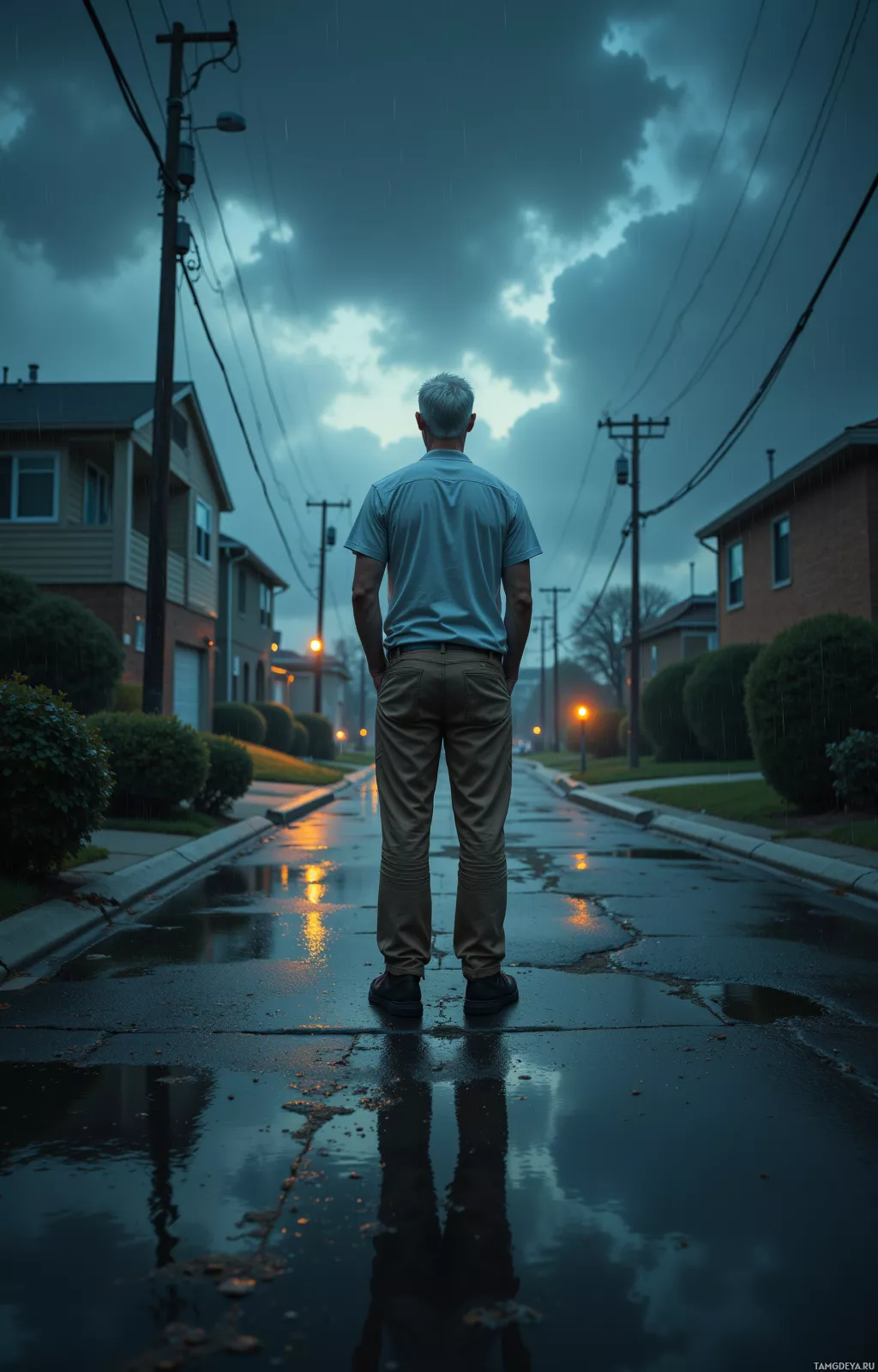 A person stands on a wet street under a stormy sky, facing away from the camera.