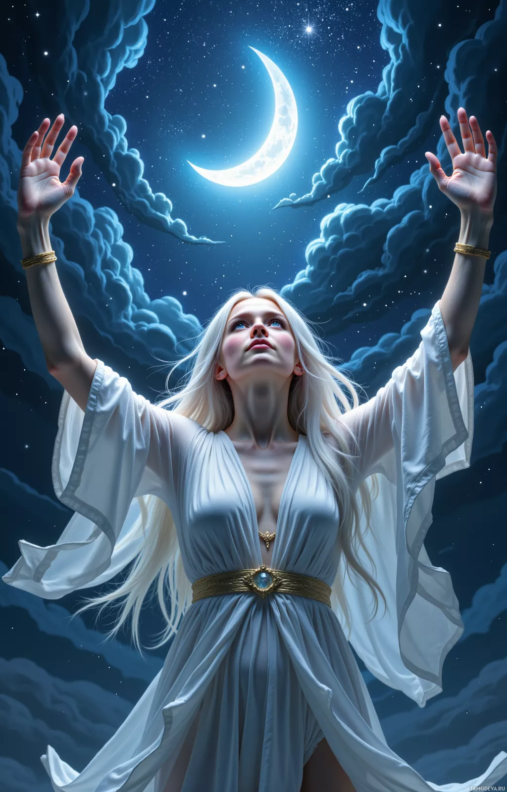 A woman in a flowing white robe raises her hands towards the night sky, illuminated by a crescent moon.