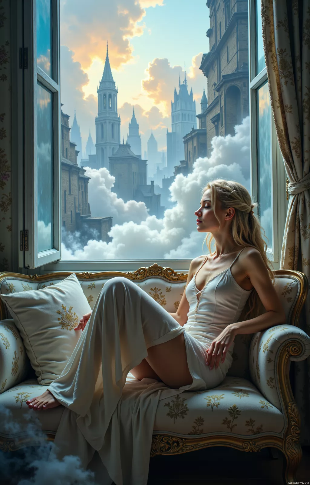 A woman in a white dress sits on a couch, gazing out a window at a cityscape with tall spires and clouds.