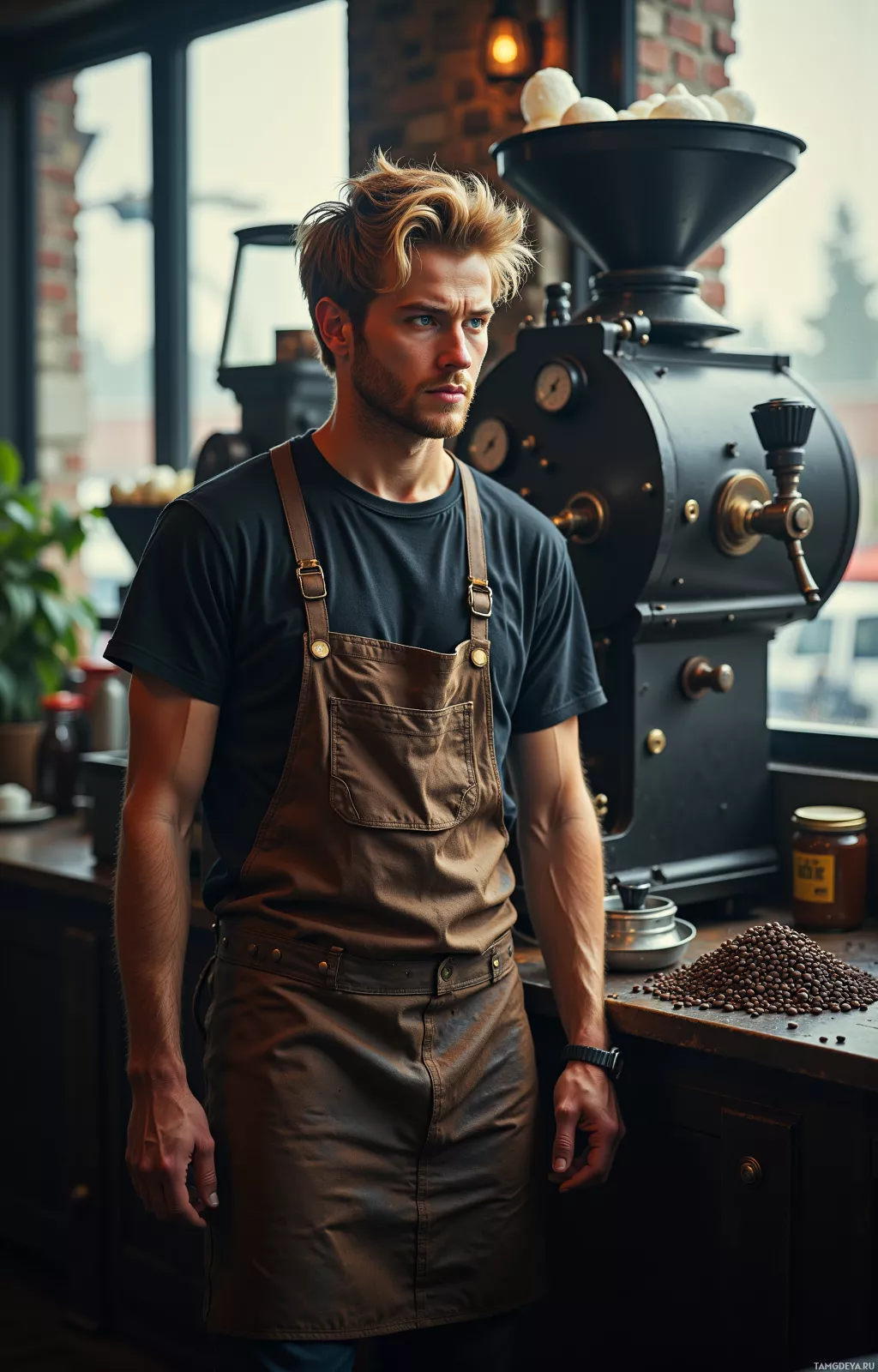 A man wearing an apron stands in a coffee shop, with a coffee roaster and beans in the background.