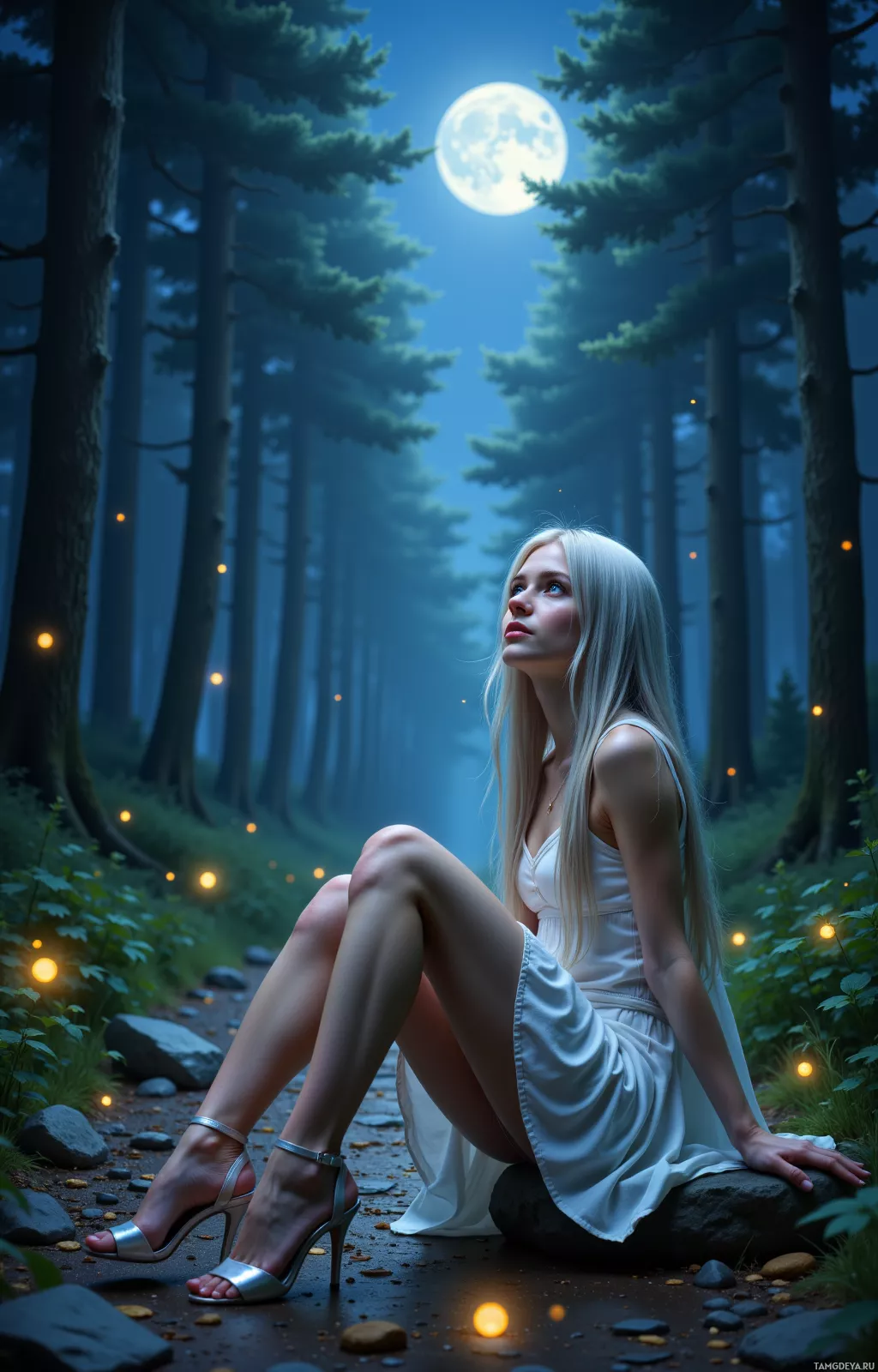 A woman in a white dress sits on a rock in a moonlit forest.