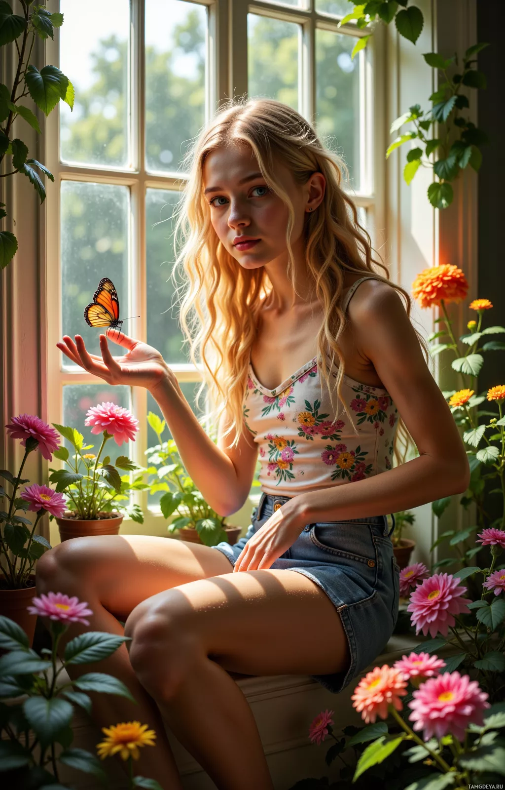 A young woman sits by a window surrounded by flowers, with a butterfly on her hand.