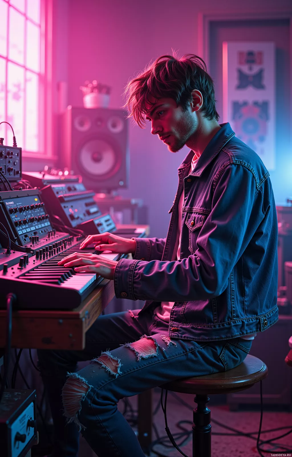 A person in a denim jacket plays a keyboard in a room with pink lighting and musical equipment.