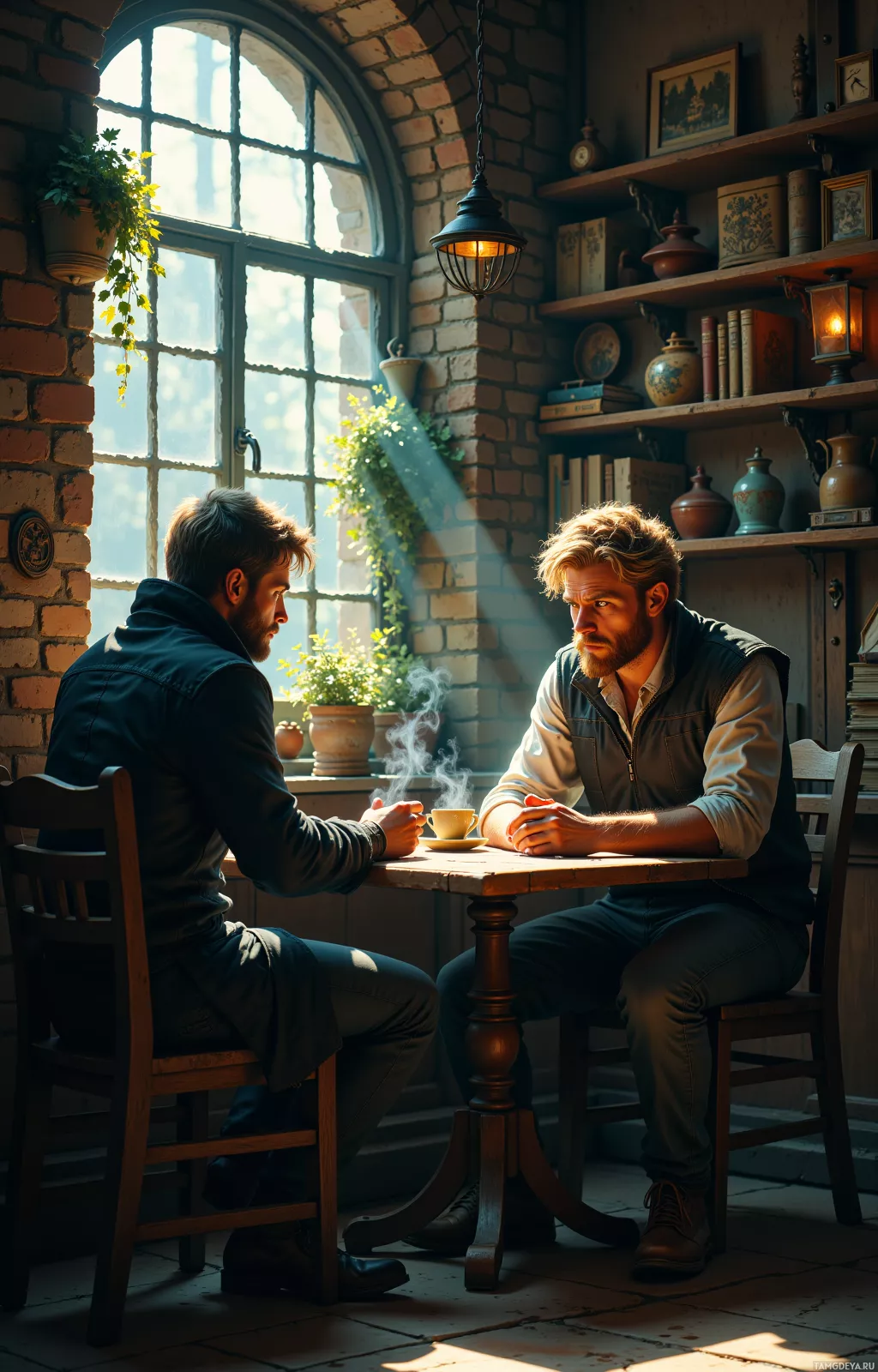 Two men are seated at a table in a cozy, sunlit room, engaged in conversation.