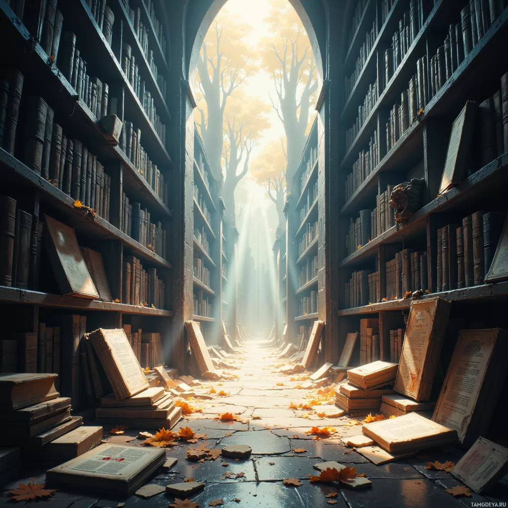 A sunlit library aisle with books on shelves and scattered on the floor.