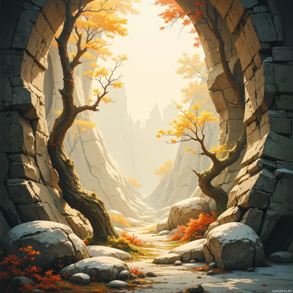 A serene autumn landscape with a stone archway, vibrant yellow and orange foliage, and rugged rocky terrain.