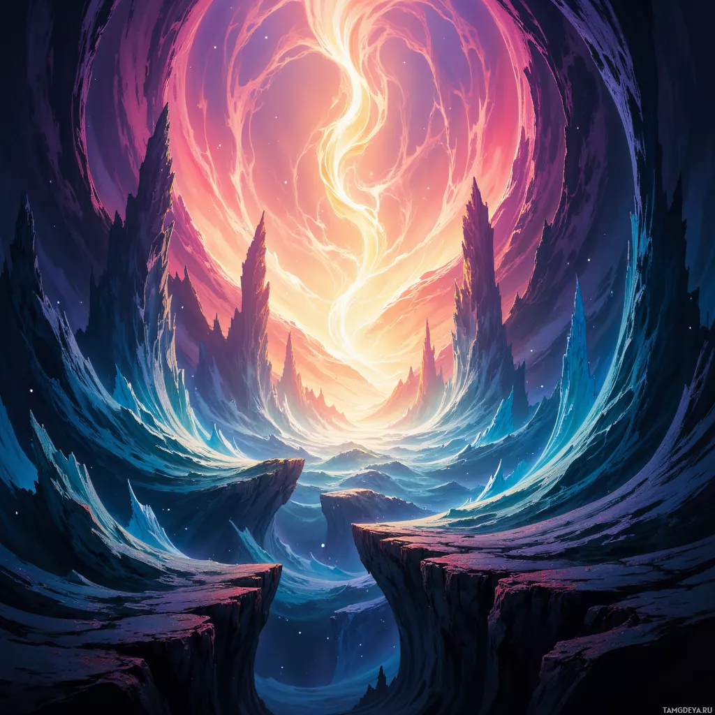 A fantastical, swirling landscape with vibrant colors and jagged rock formations.