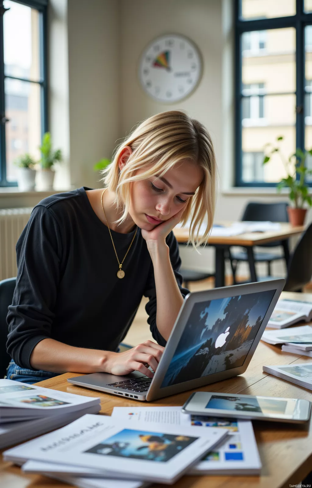 A person is working at a desk with a laptop and papers, in a well-lit room.