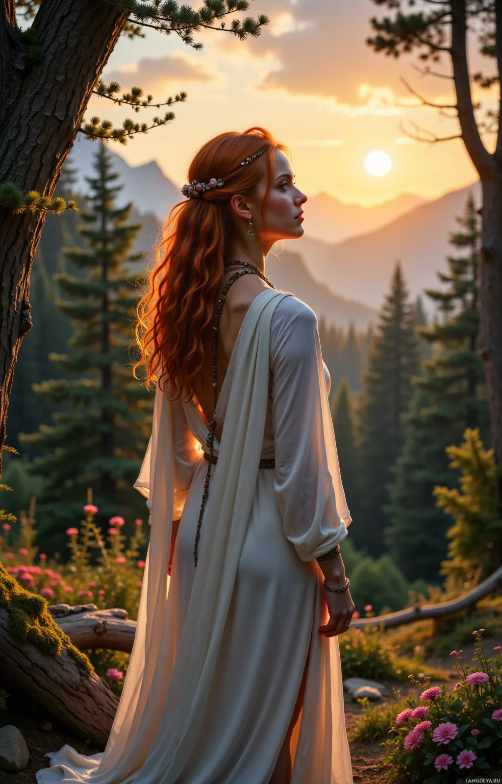 A woman in a flowing white dress stands in a forest at sunset, gazing towards the mountains.