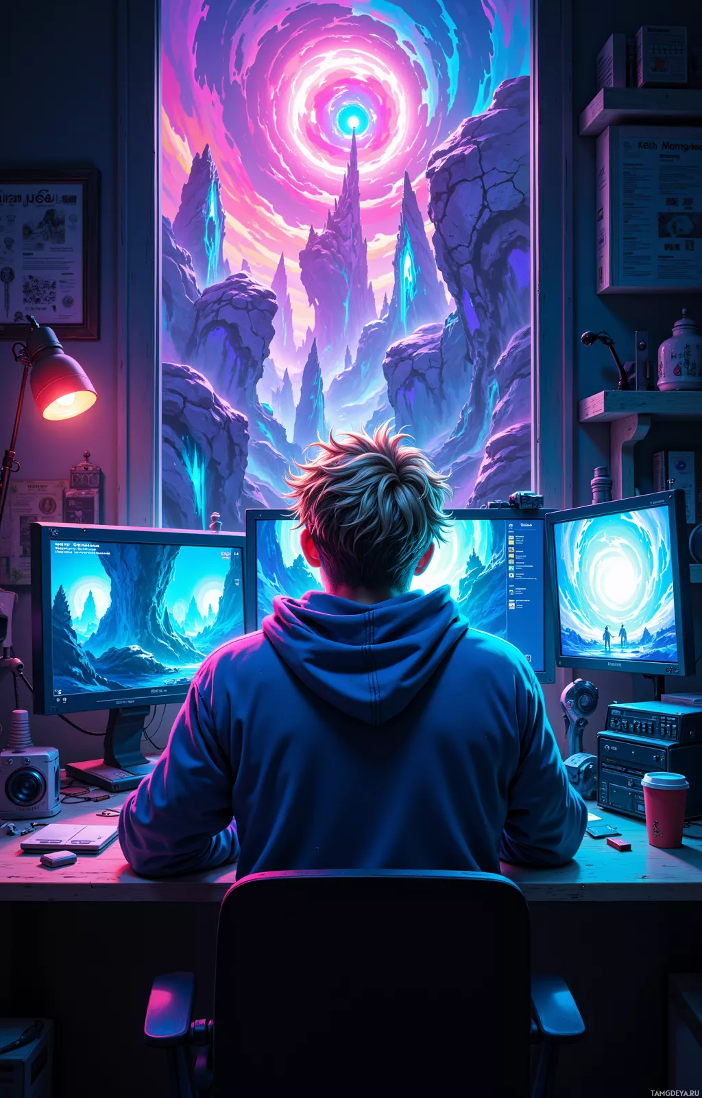 A person sits at a desk with dual monitors displaying a vibrant, fantastical landscape.