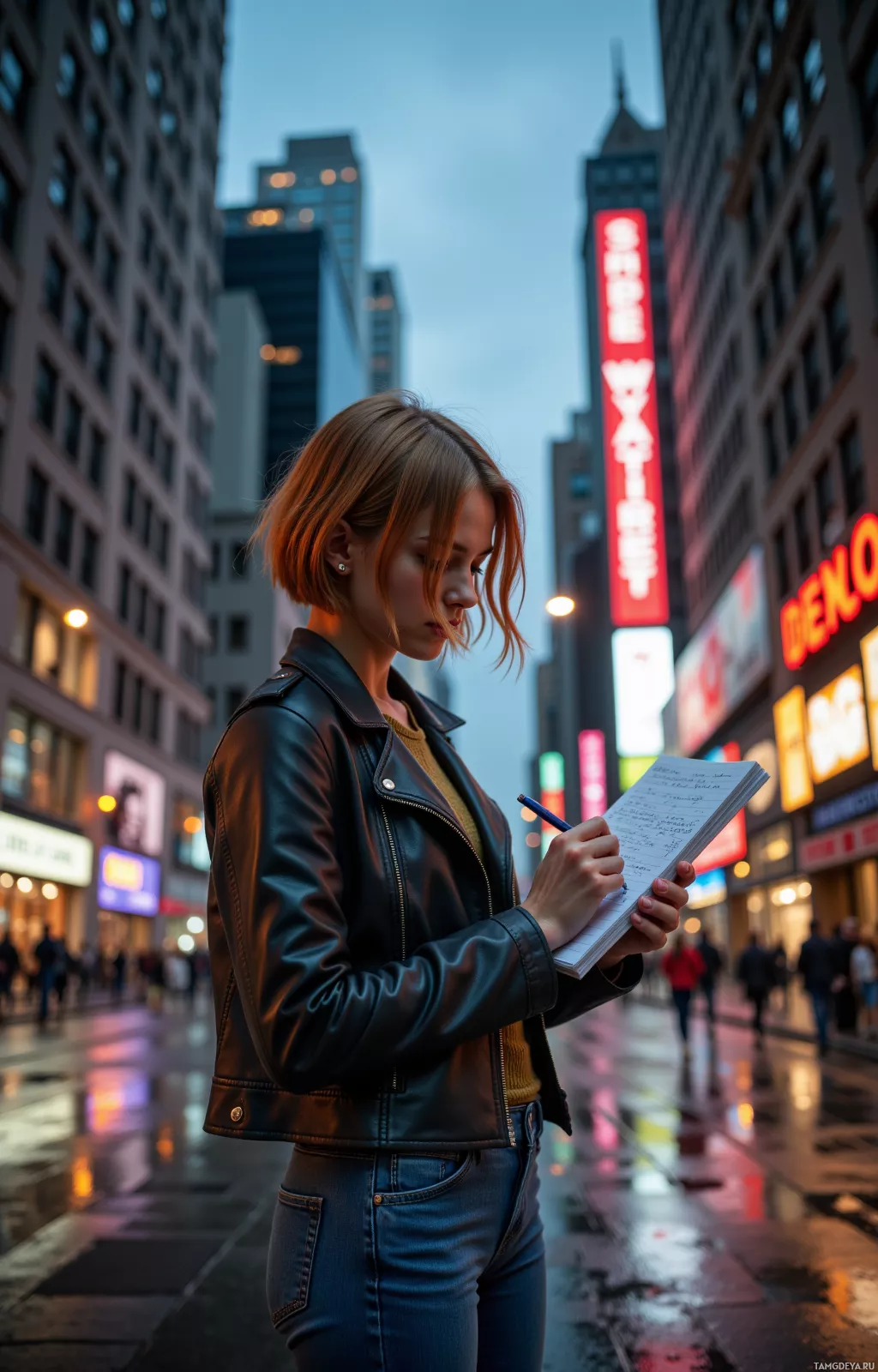 A woman in a leather jacket writes in a notebook on a city street at dusk.