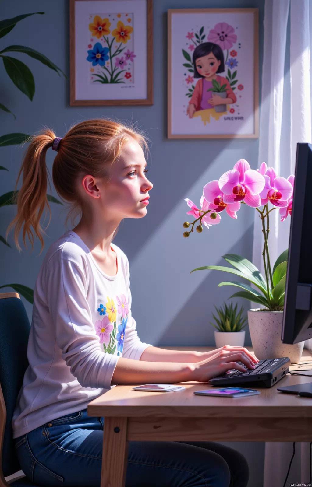 A young girl sits at a desk, working on a computer with a potted orchid and framed artwork in the background.