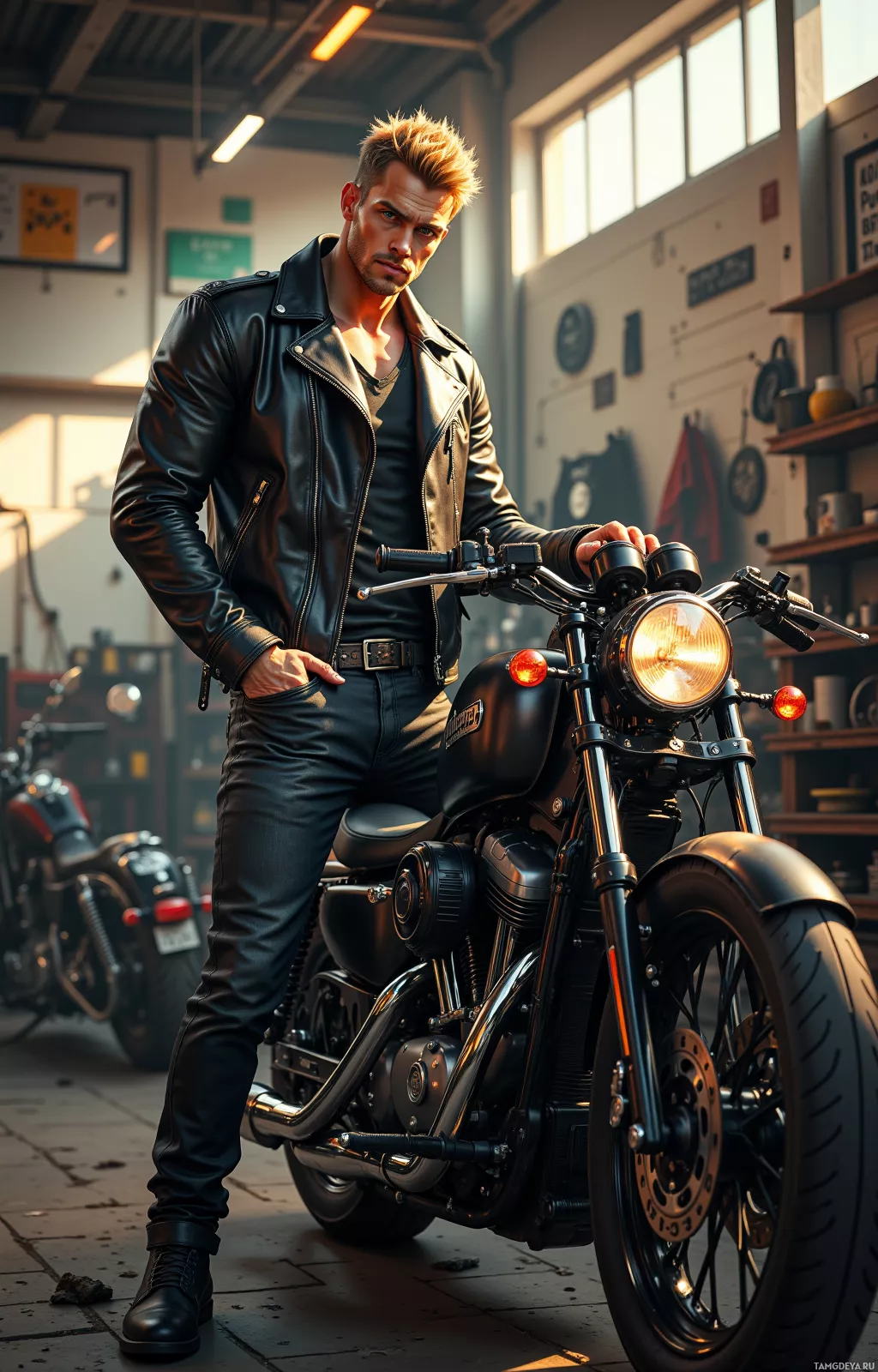 A man in a leather jacket stands confidently next to a motorcycle in a garage.