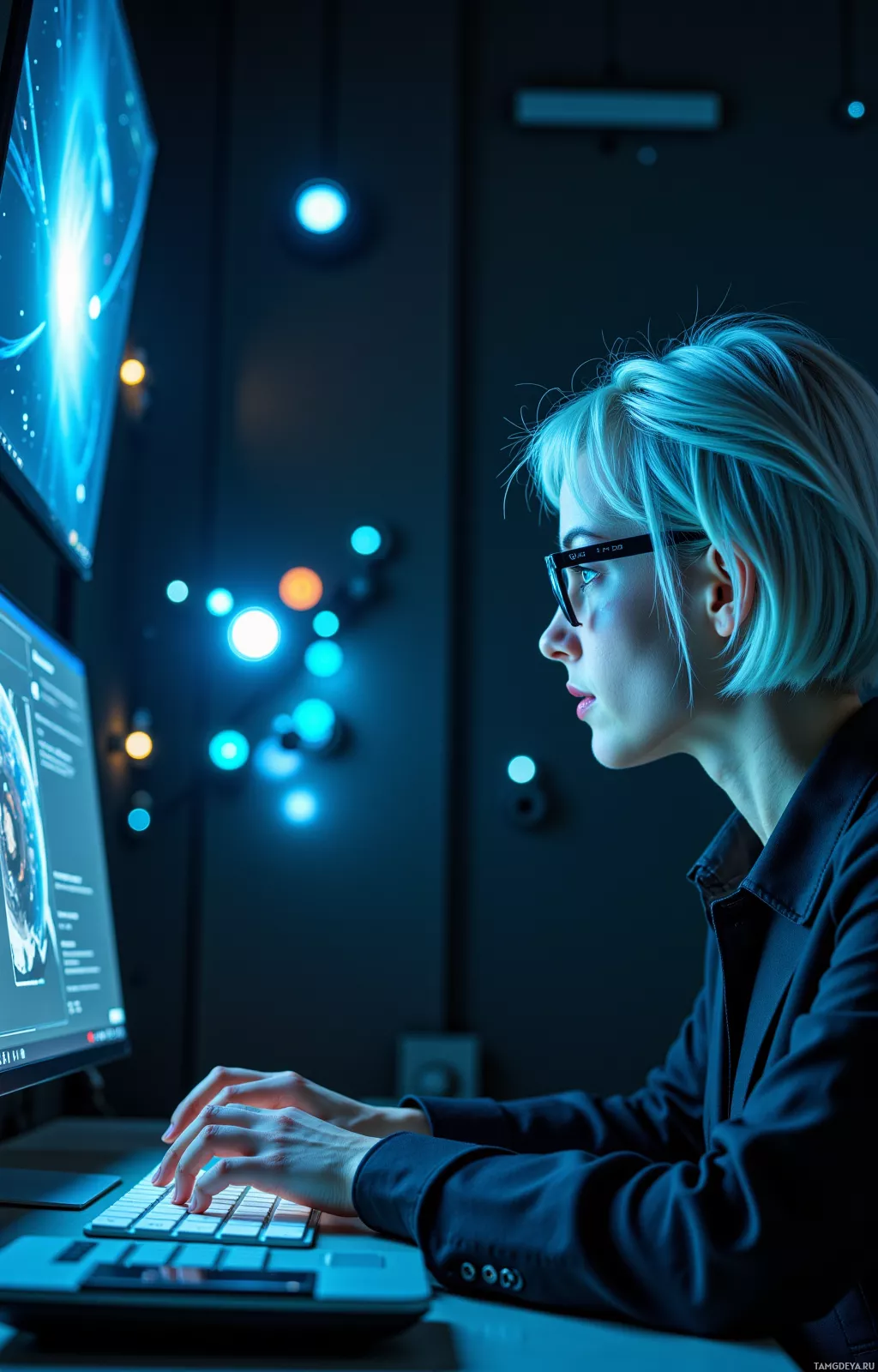 A person wearing glasses is working at a computer in a dimly lit room.