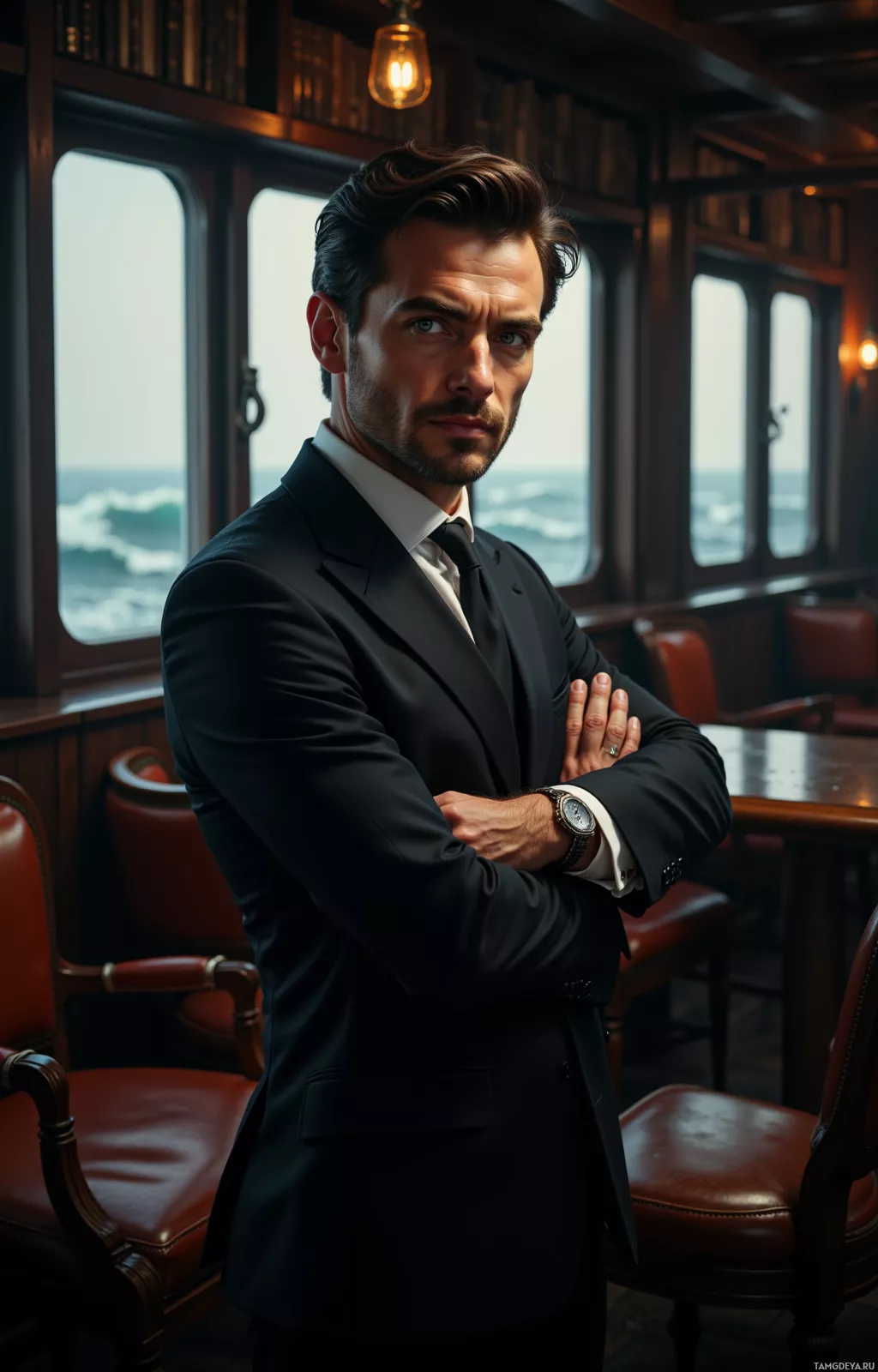A man in a formal suit stands with his arms crossed in a room with large windows overlooking the sea.