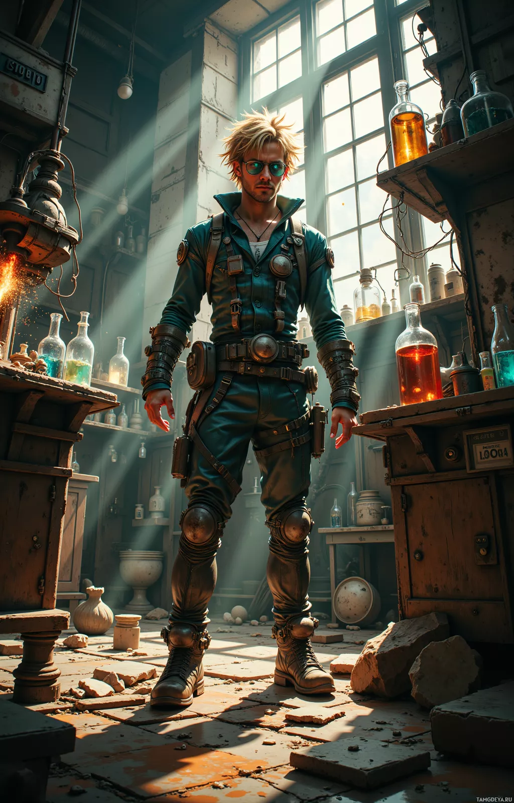 A person in a steampunk-inspired outfit stands in a dimly lit, cluttered workshop with sunlight streaming through large windows.