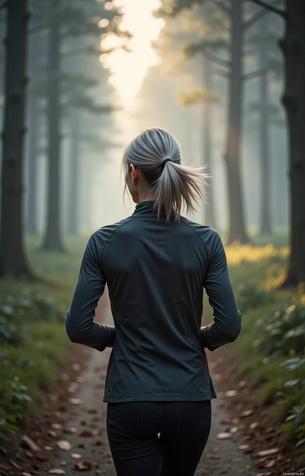 A person with their back to the camera walks along a forest path.
